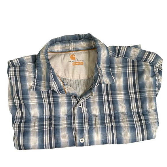 Carhartt Men’s L Relaxed Fit Force Short Sleeve Blue Plaid Shirt - Picture 2 of 5